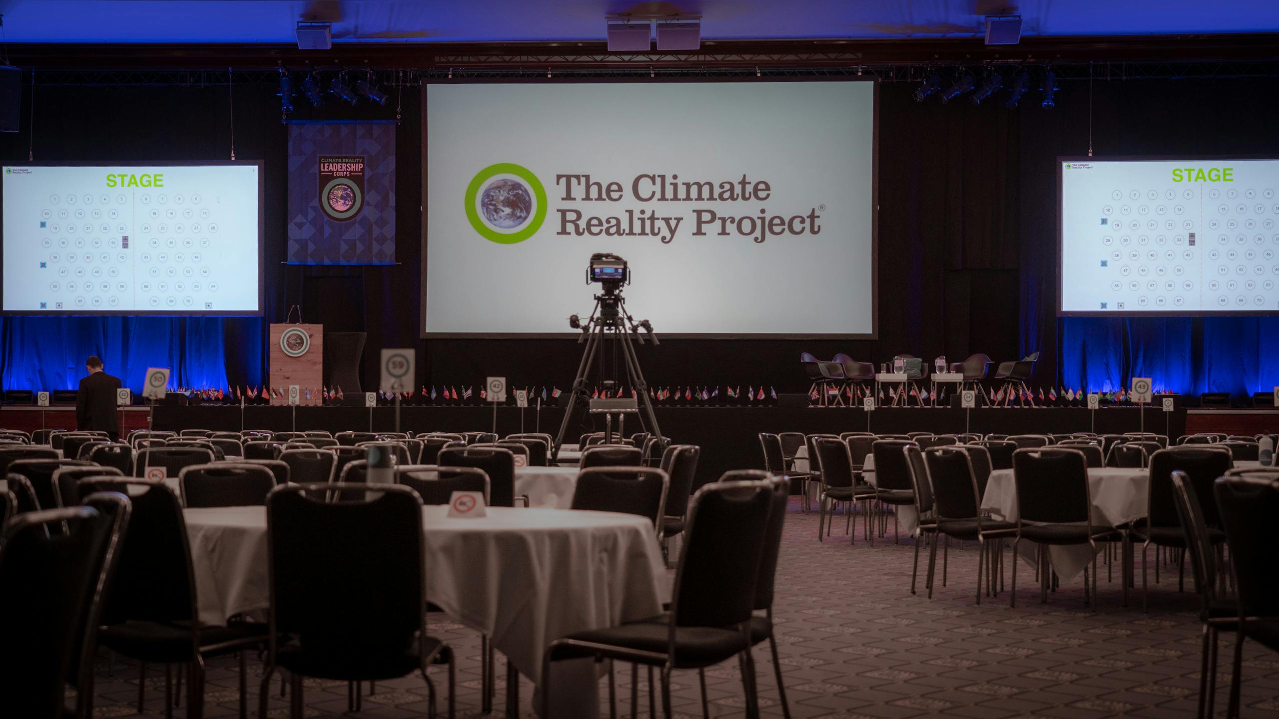 Empty conference room setup for The Climate Reality Project in Berlin, Germany.